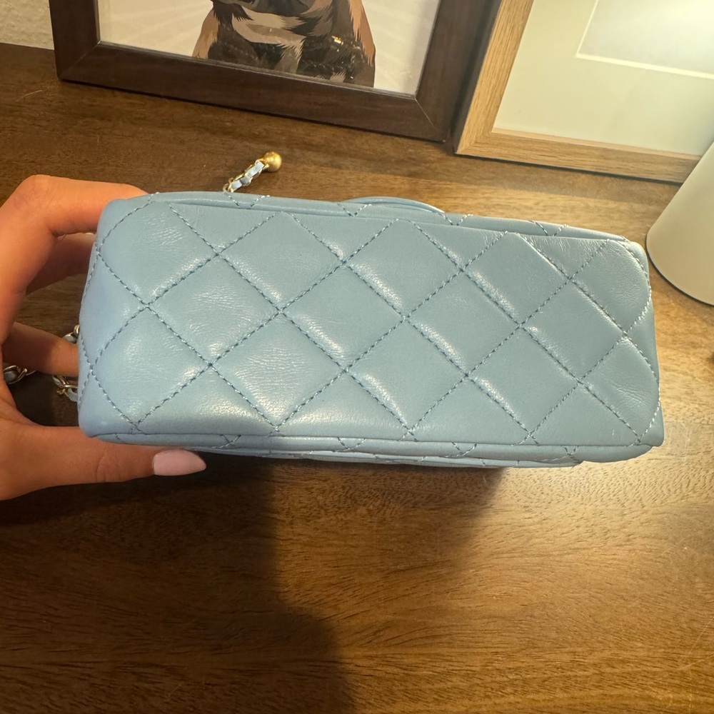CHANEL NIB Pearl Crush 2022 Square Mini Flap Bag Quilted Purse Light Blue Gold - Picture 7 of 11